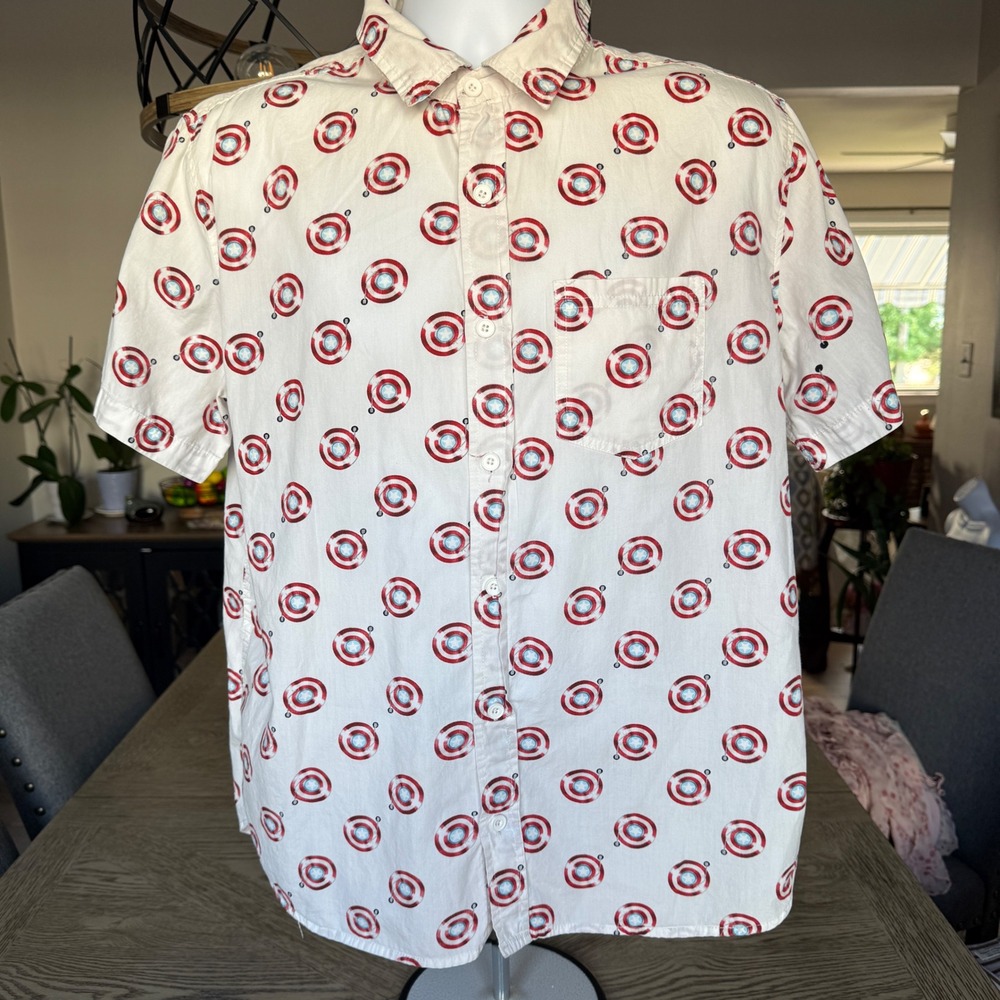 Marvel Captain America Shield Button Down Shirt Mens Large White Short Sleeve